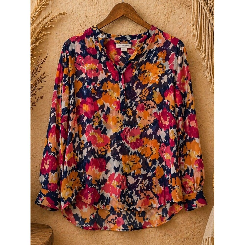 Liz Claiborne‎ Watercolor Floral Abstract Long Sleeve Blouse Size Small